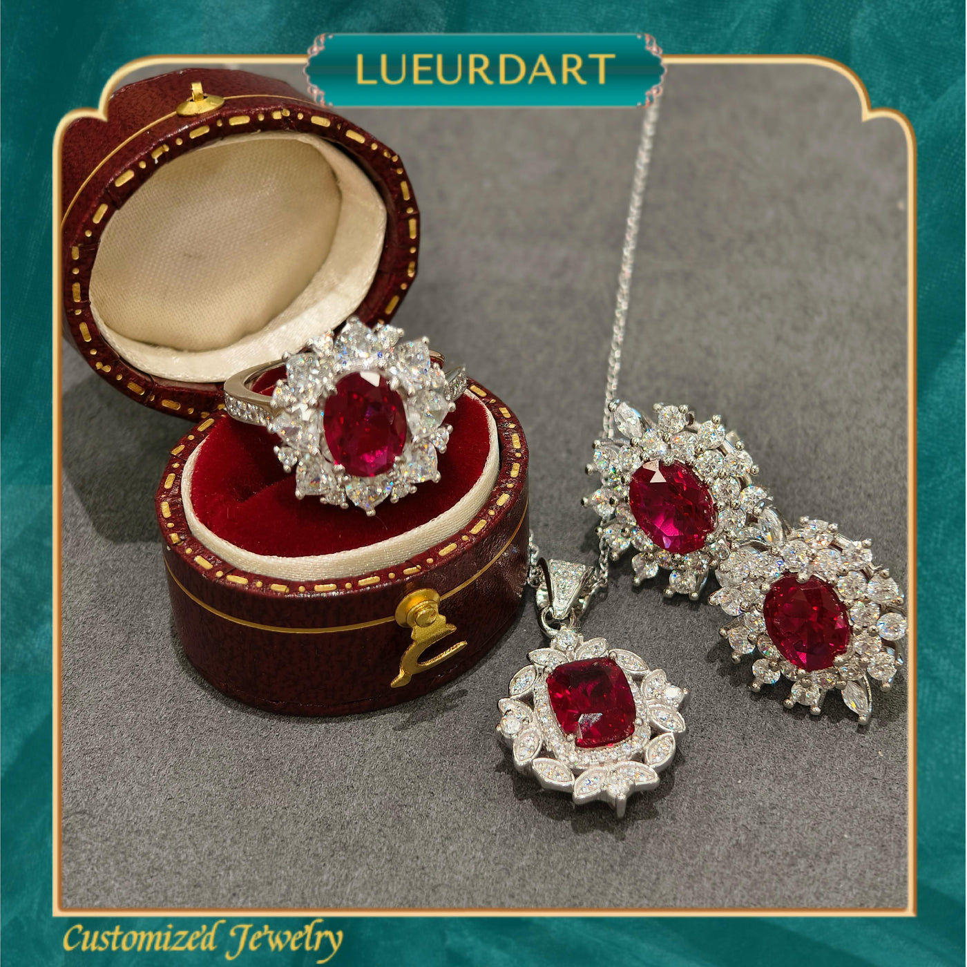 Red vintage European style necklace Ring earrings 3-piece set 925