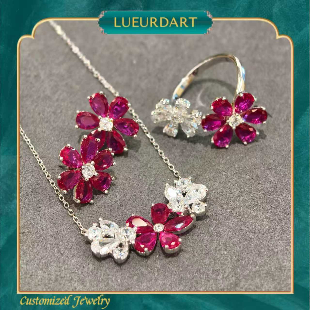 Red flower design simple matching necklace ring earrings set 925